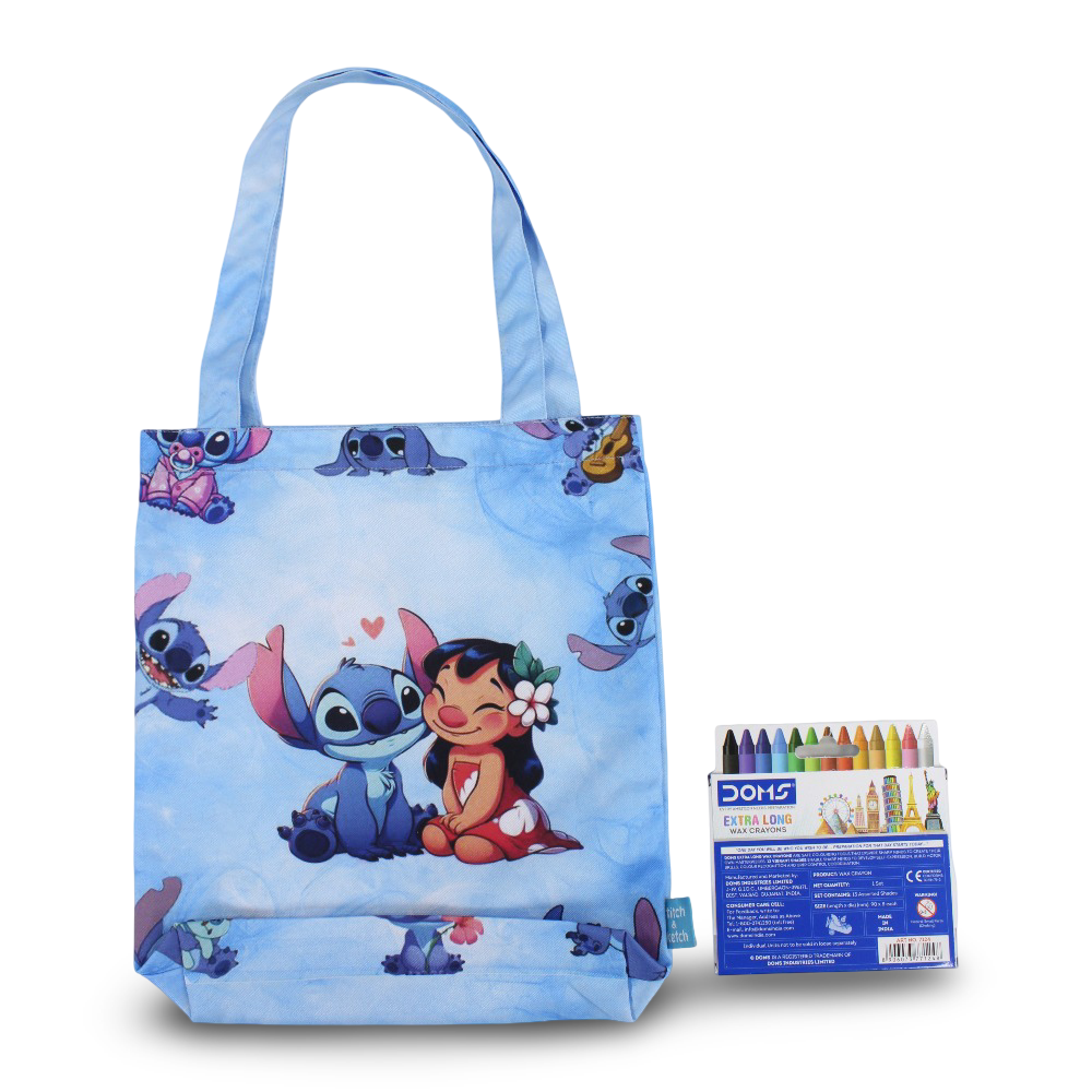 Stitch Medium Coloring Tote Bag with Extra Long Wax Crayons 12 Colours + 1 Silver
