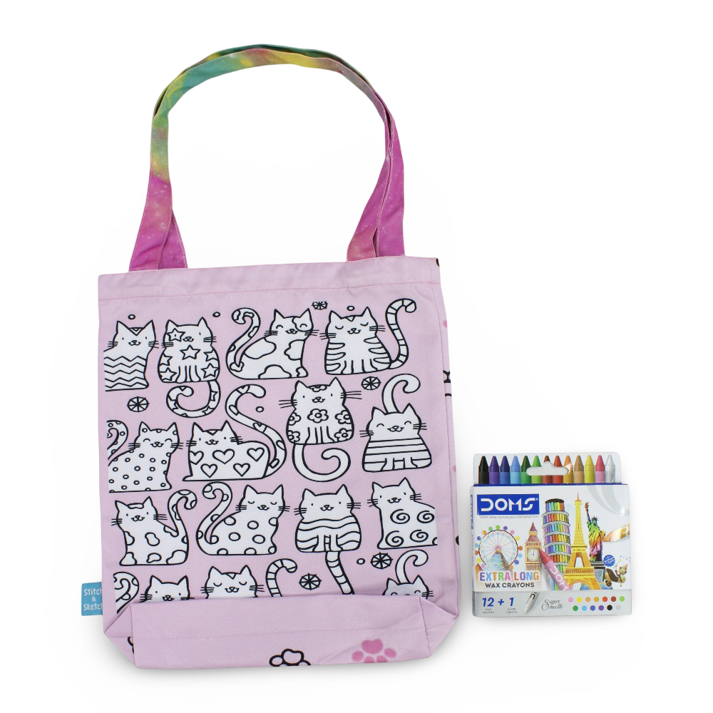 Cats Medium Coloring Tote Bag with Extra Long Wax Crayons 12 Colours + 1 Silver