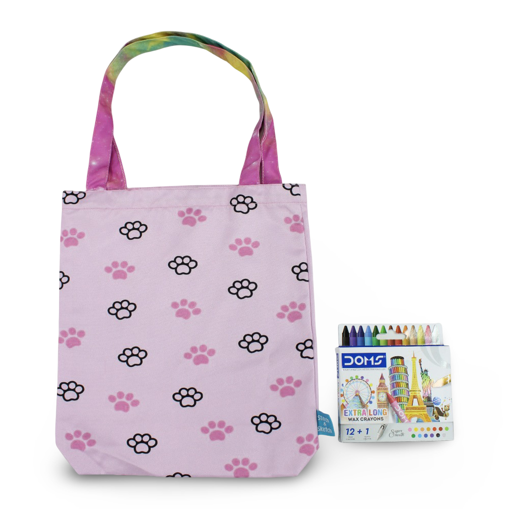 Cats Medium Coloring Tote Bag with Extra Long Wax Crayons 12 Colours + 1 Silver