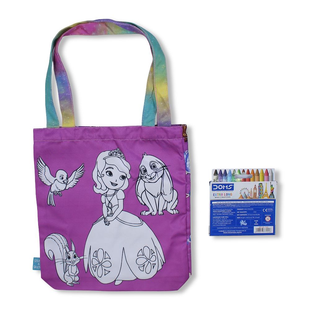 Sofia Medium Coloring Tote Bag with Extra Long Wax Crayons 12 Colours + 1 Silver - Stitch and Sketch