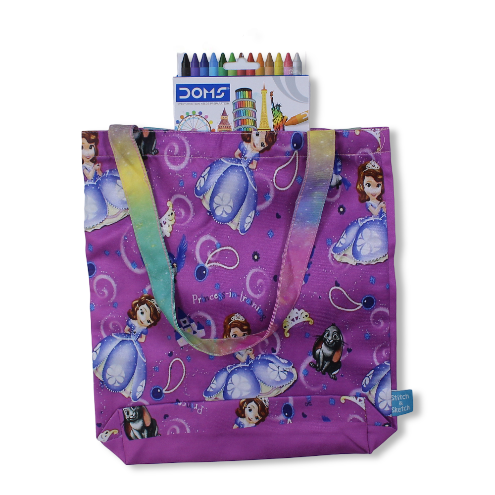 Sofia Medium Coloring Tote Bag with Extra Long Wax Crayons 12 Colours + 1 Silver