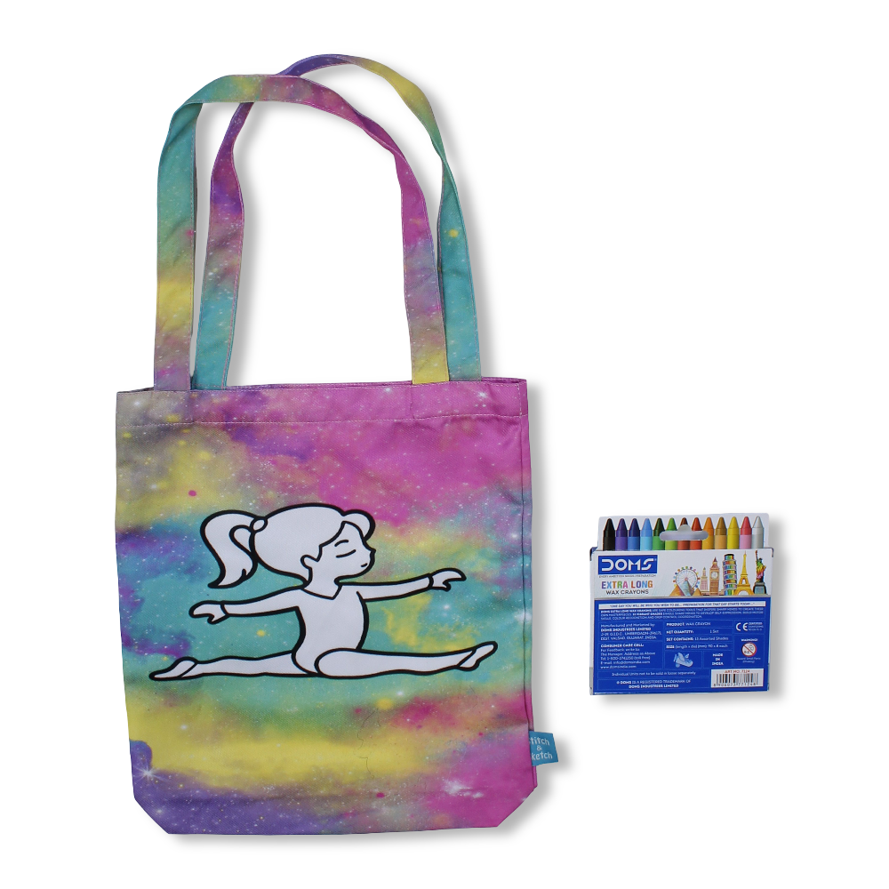 Gymnastics Medium Coloring Tote Bag with Extra Long Wax Crayons 12 Colours + 1 Silver - Stitch and Sketch