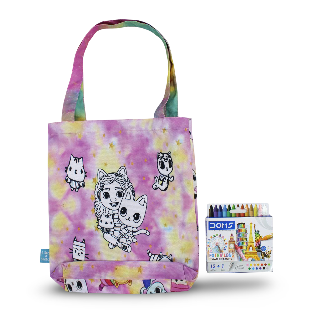 Gabby's Medium Coloring Tote Bag with Extra Long Wax Crayons 12 Colours + 1 Silver