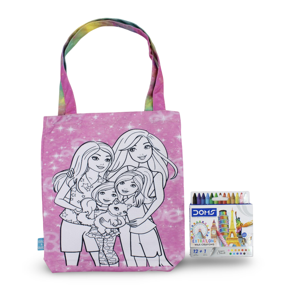 Barbie Medium Coloring Tote Bag with Extra Long Wax Crayons 12 Colours + 1 Silver - Stitch and Sketch