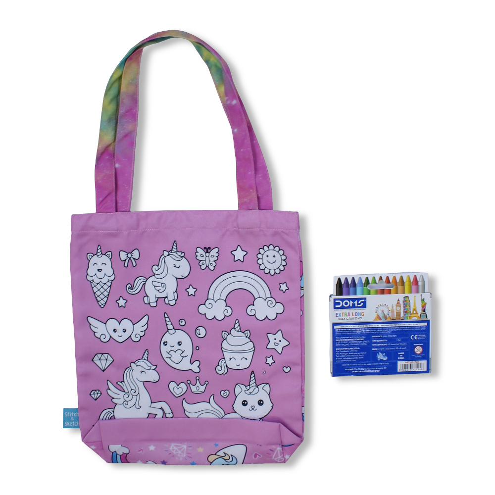Unicorn Medium Coloring Tote Bag with Extra Long Wax Crayons 12 Colours + 1 Silver - Stitch and Sketch