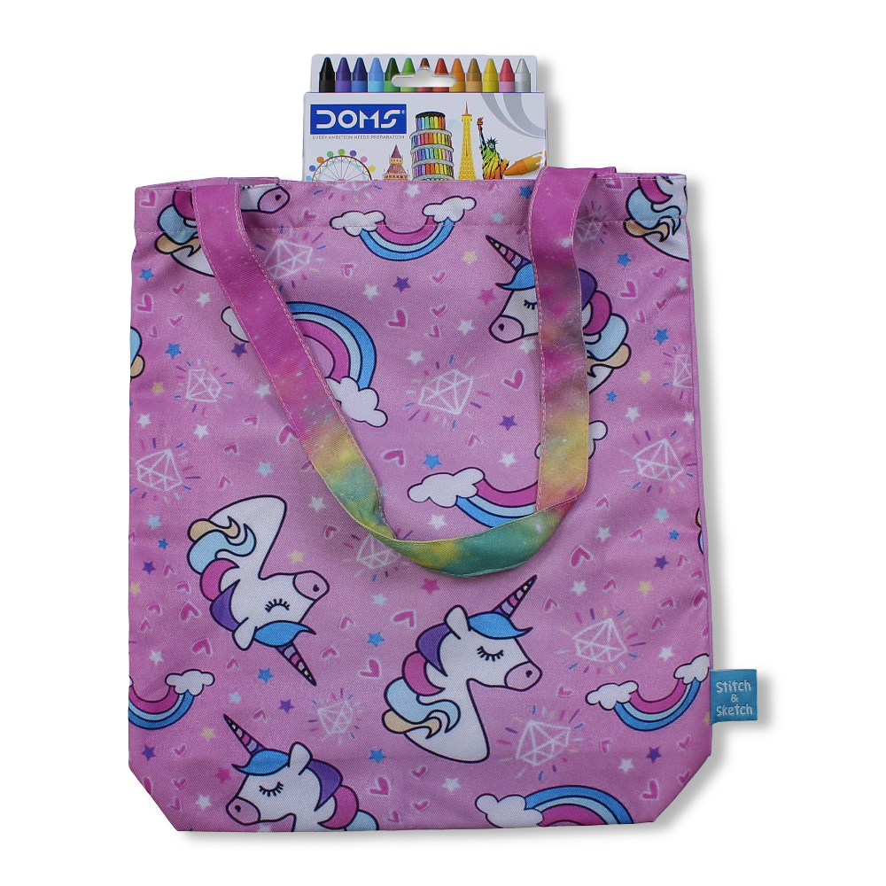 Unicorn Medium Coloring Tote Bag with Extra Long Wax Crayons 12 Colours + 1 Silver