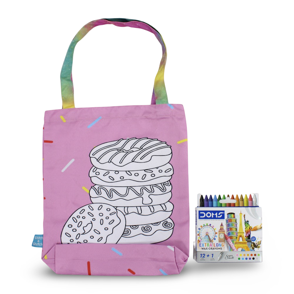 Donuts Medium Coloring Tote Bag with Extra Long Wax Crayons 12 Colours + 1 Silver