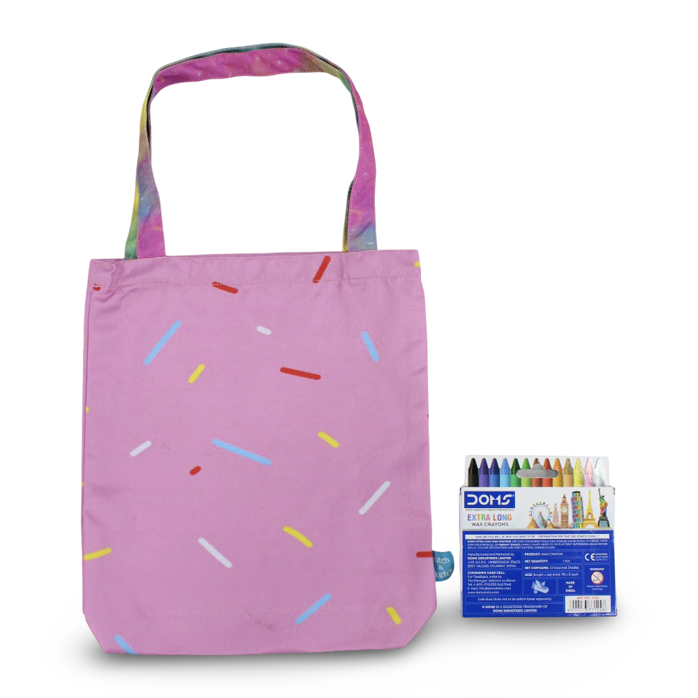 Donuts Medium Coloring Tote Bag with Extra Long Wax Crayons 12 Colours + 1 Silver