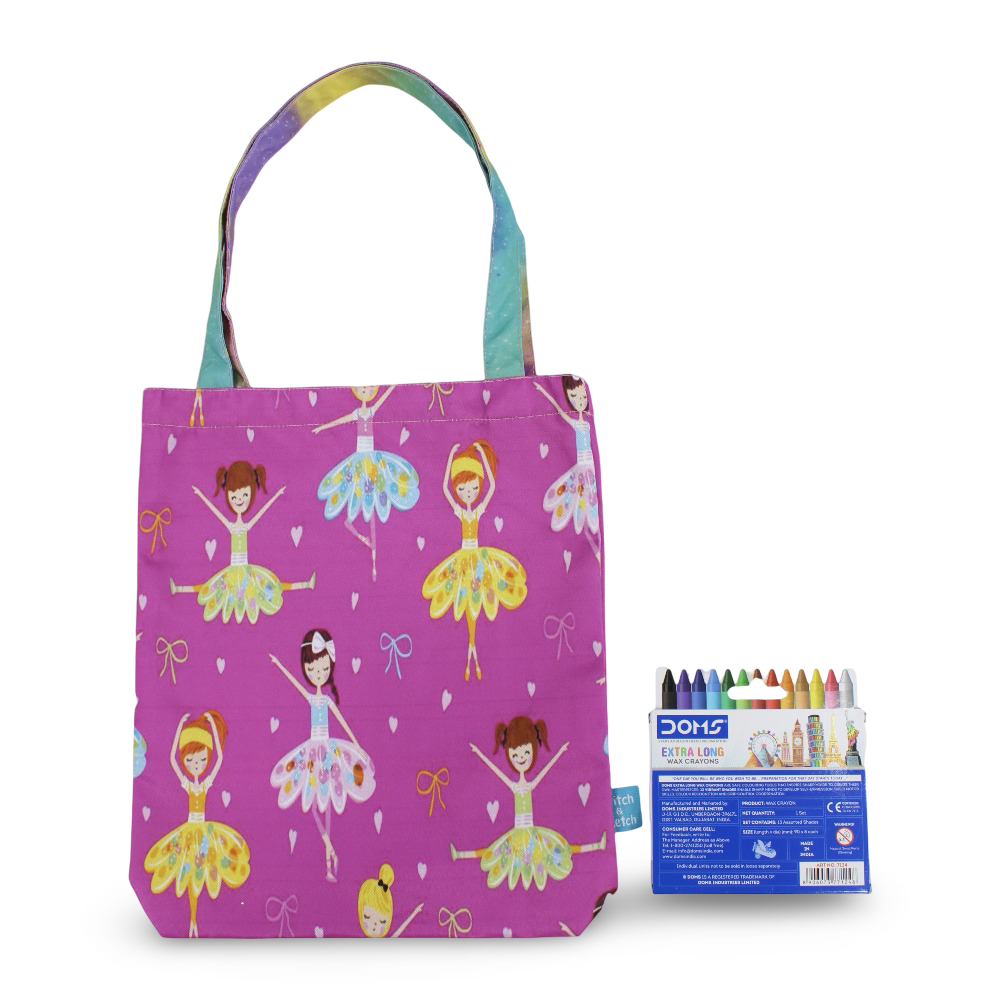 Ballerina Medium Coloring Tote Bag with Extra Long Wax Crayons 12 Colours + 1 Silver