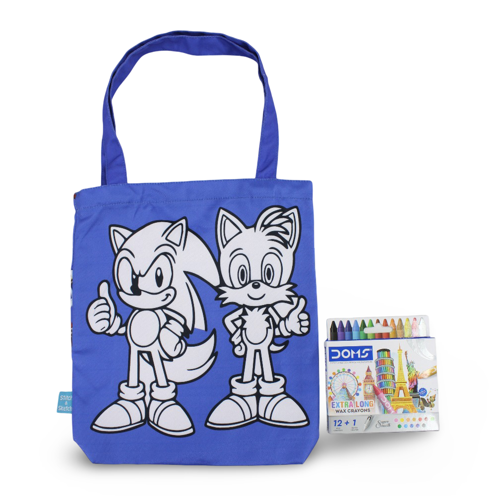 Sonic Medium Coloring Tote Bag with Extra Long Wax Crayons 12 Colours + 1 Silver