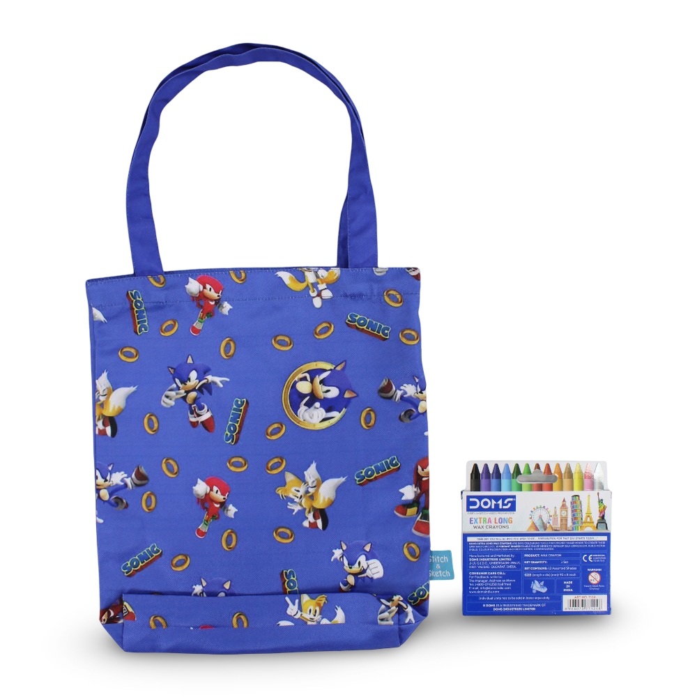 Sonic Medium Coloring Tote Bag with Extra Long Wax Crayons 12 Colours + 1 Silver
