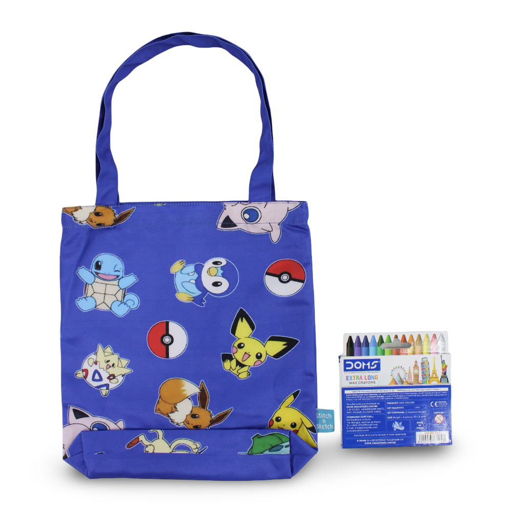 Pokemon Medium Coloring Tote Bag with Extra Long Wax Crayons 12 Colours + 1 Silver