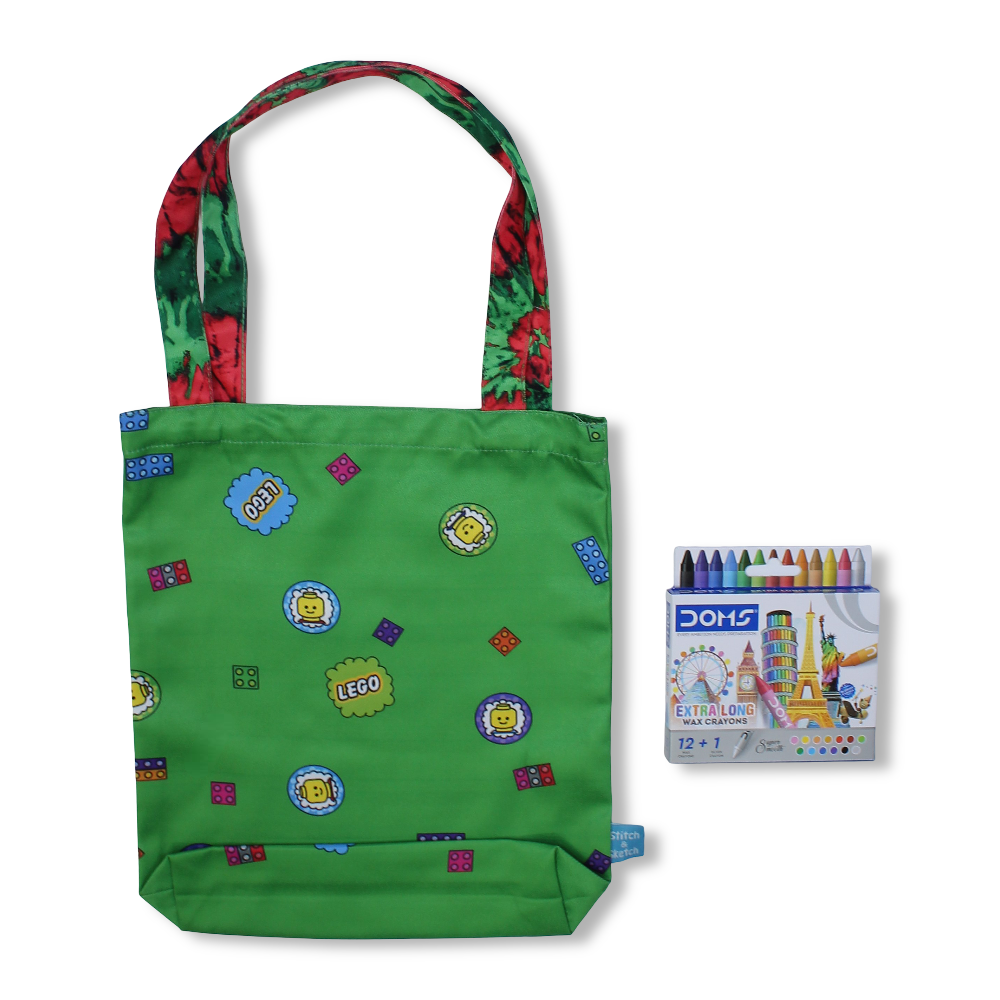 Lego Medium Coloring Tote Bag with Extra Long Wax Crayons 12 Colours + 1 Silver