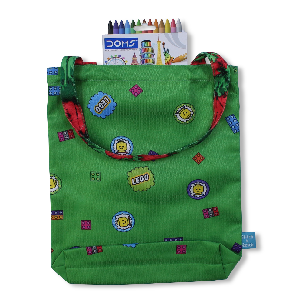 Lego Medium Coloring Tote Bag with Extra Long Wax Crayons 12 Colours + 1 Silver
