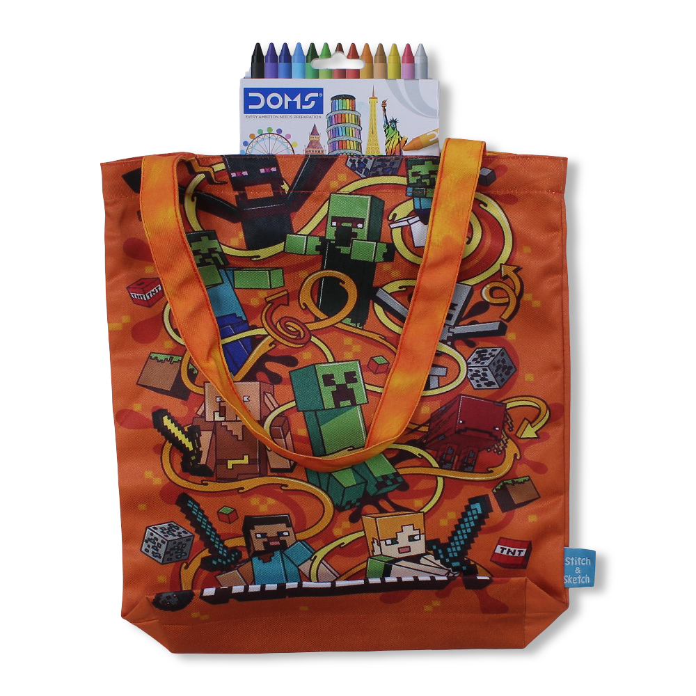 Minecraft Medium Coloring Tote Bag with Extra Long Wax Crayons 12 Colours + 1 Silver