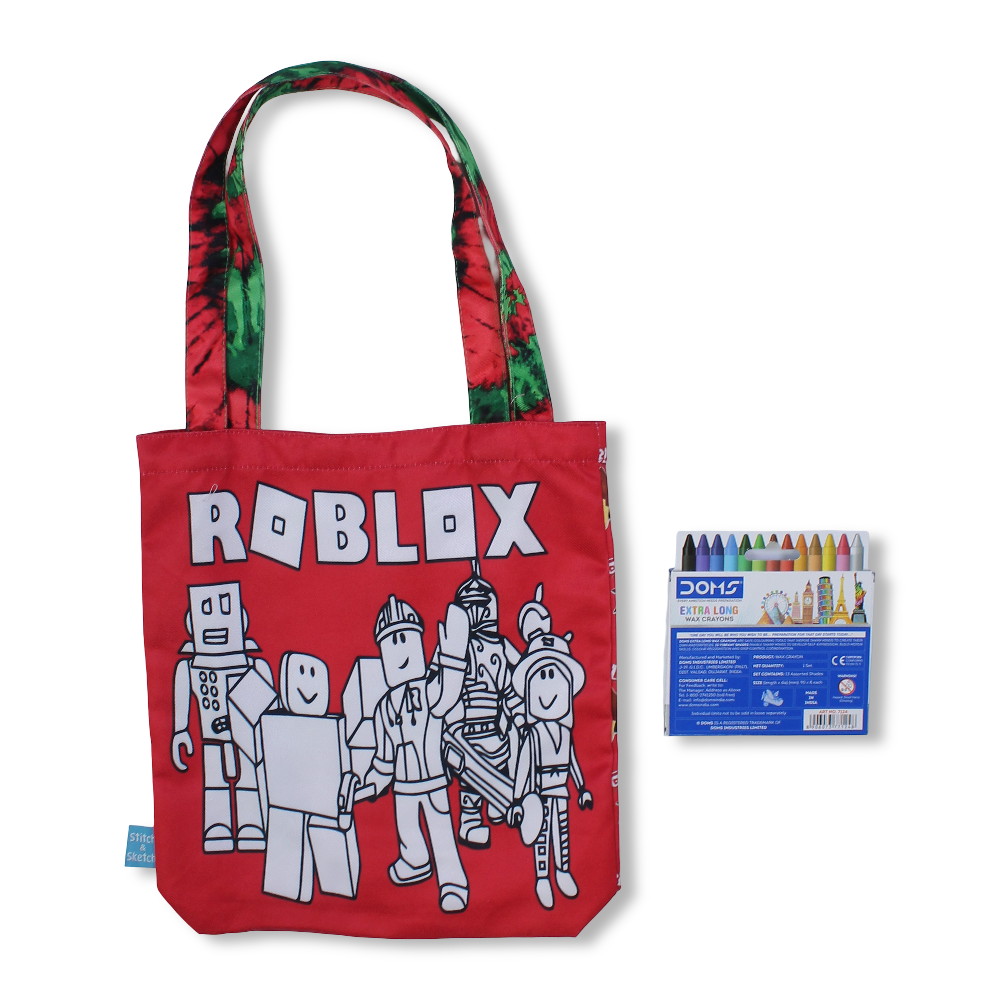 Roblox Medium Coloring Tote Bag with Extra Long Wax Crayons 12 Colours + 1 Silver - Stitch and Sketch