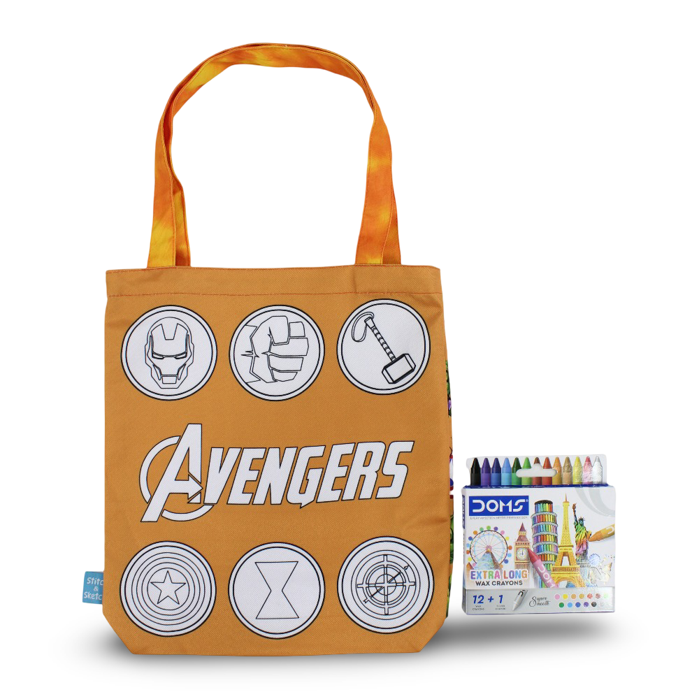 Avengers Medium Coloring Tote Bag with Extra Long Wax Crayons 12 Colours + 1 Silver