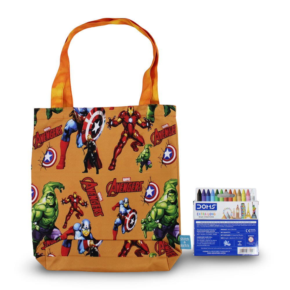 Avengers Medium Coloring Tote Bag with Extra Long Wax Crayons 12 Colours + 1 Silver