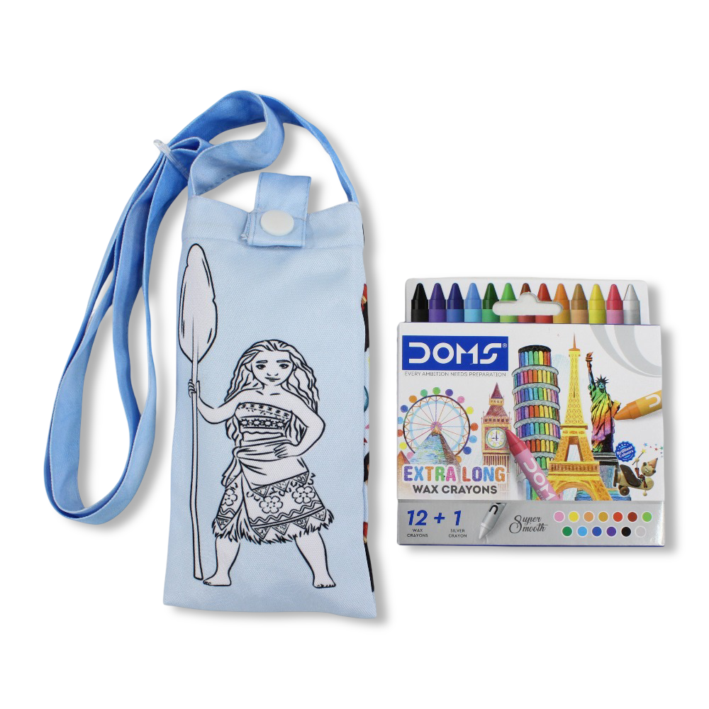 Moana Coloring Mobile Case with Extra Long Wax Crayons 12 Colours + 1 Silver