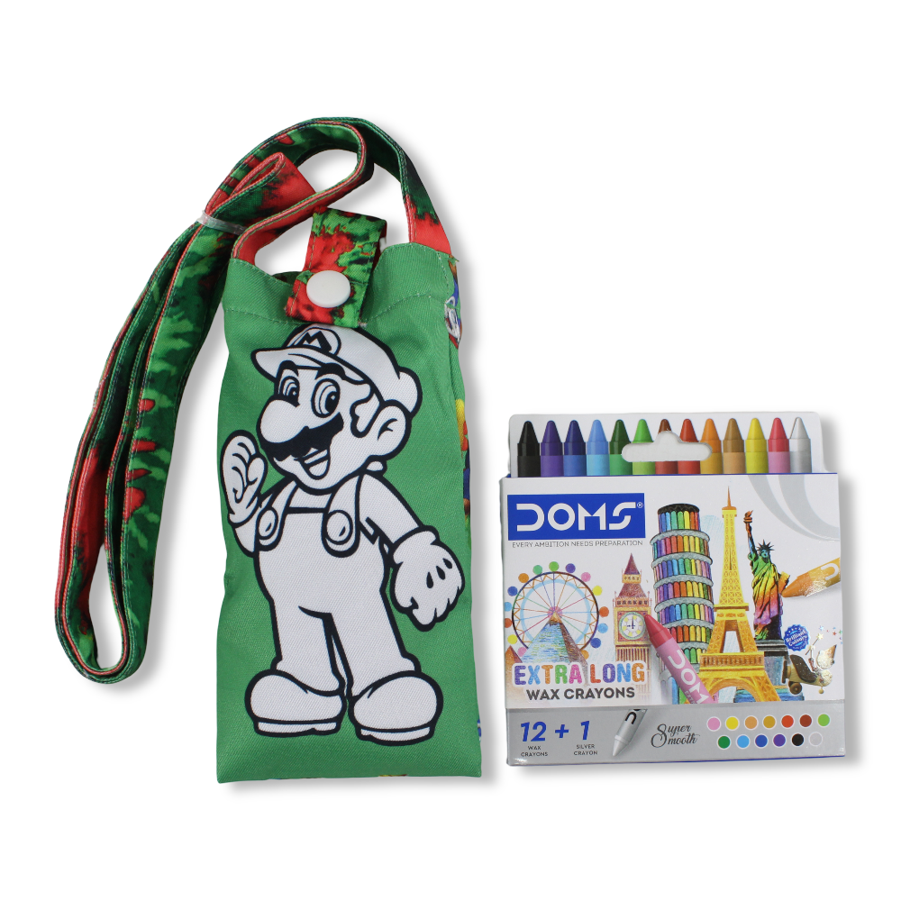 Super Mario Coloring Mobile Case with Extra Long Wax Crayons 12 Colours + 1 Silver