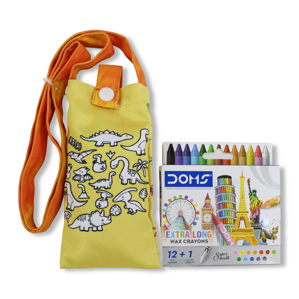 Dino Coloring Mobile Case with Extra Long Wax Crayons 12 Colours + 1 Silver