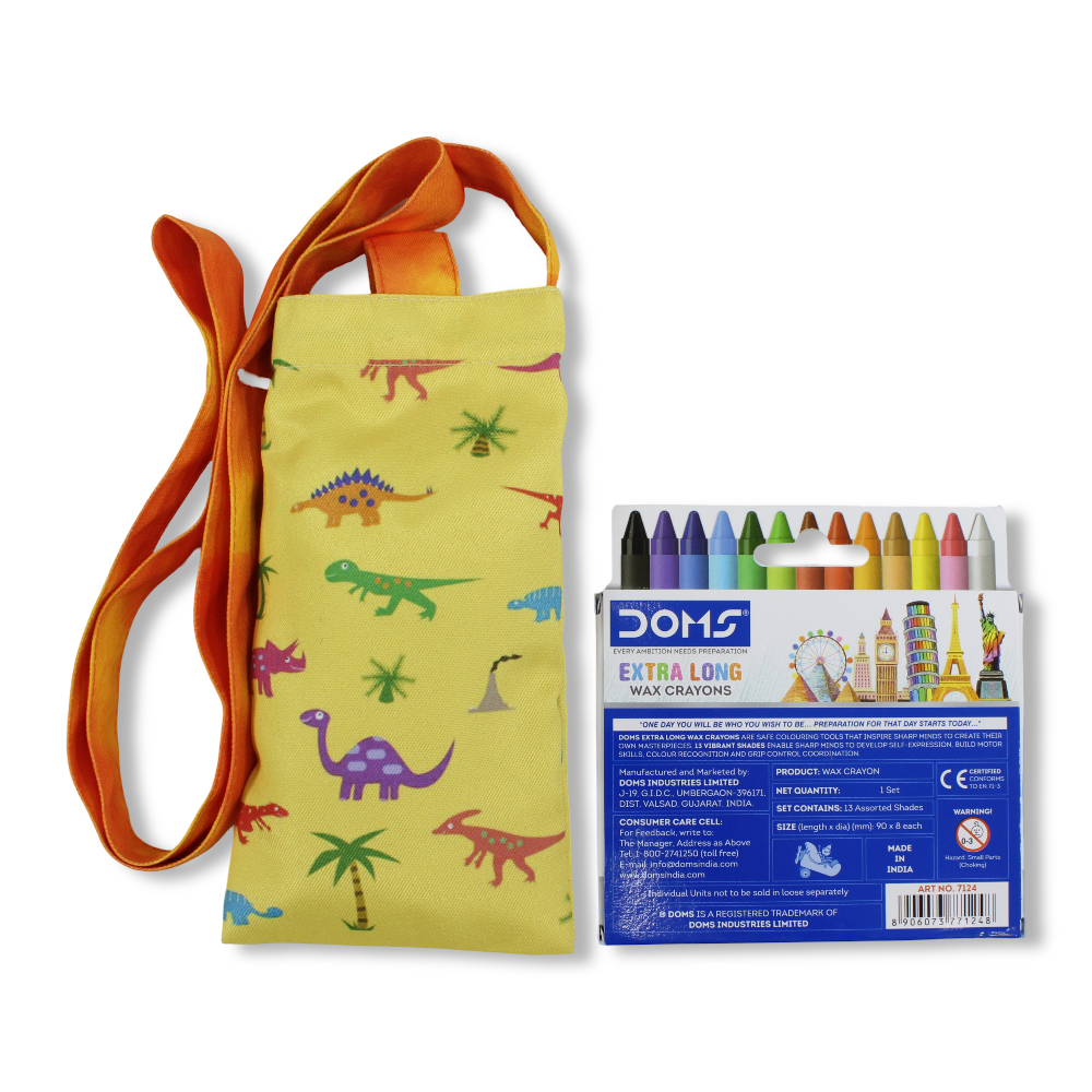 Dino Coloring Mobile Case with Extra Long Wax Crayons 12 Colours + 1 Silver