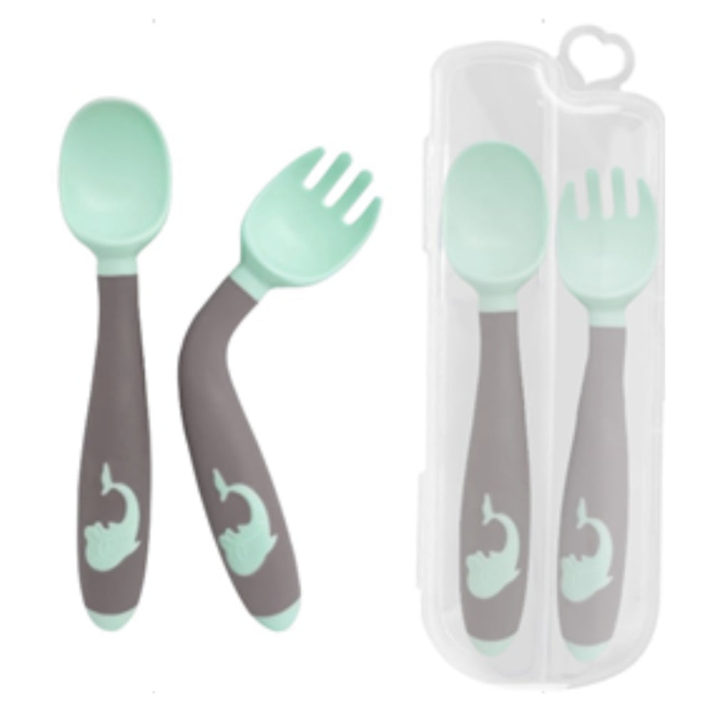 True Fork & Spoon Set with Case – Mint & Grey