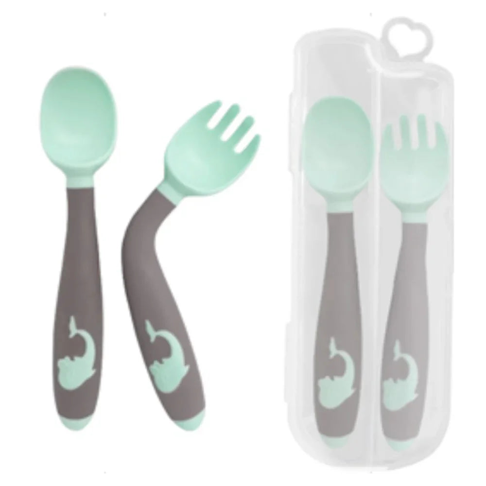 True Fork & Spoon Set with Case – Mint & Grey - Baby Essentials