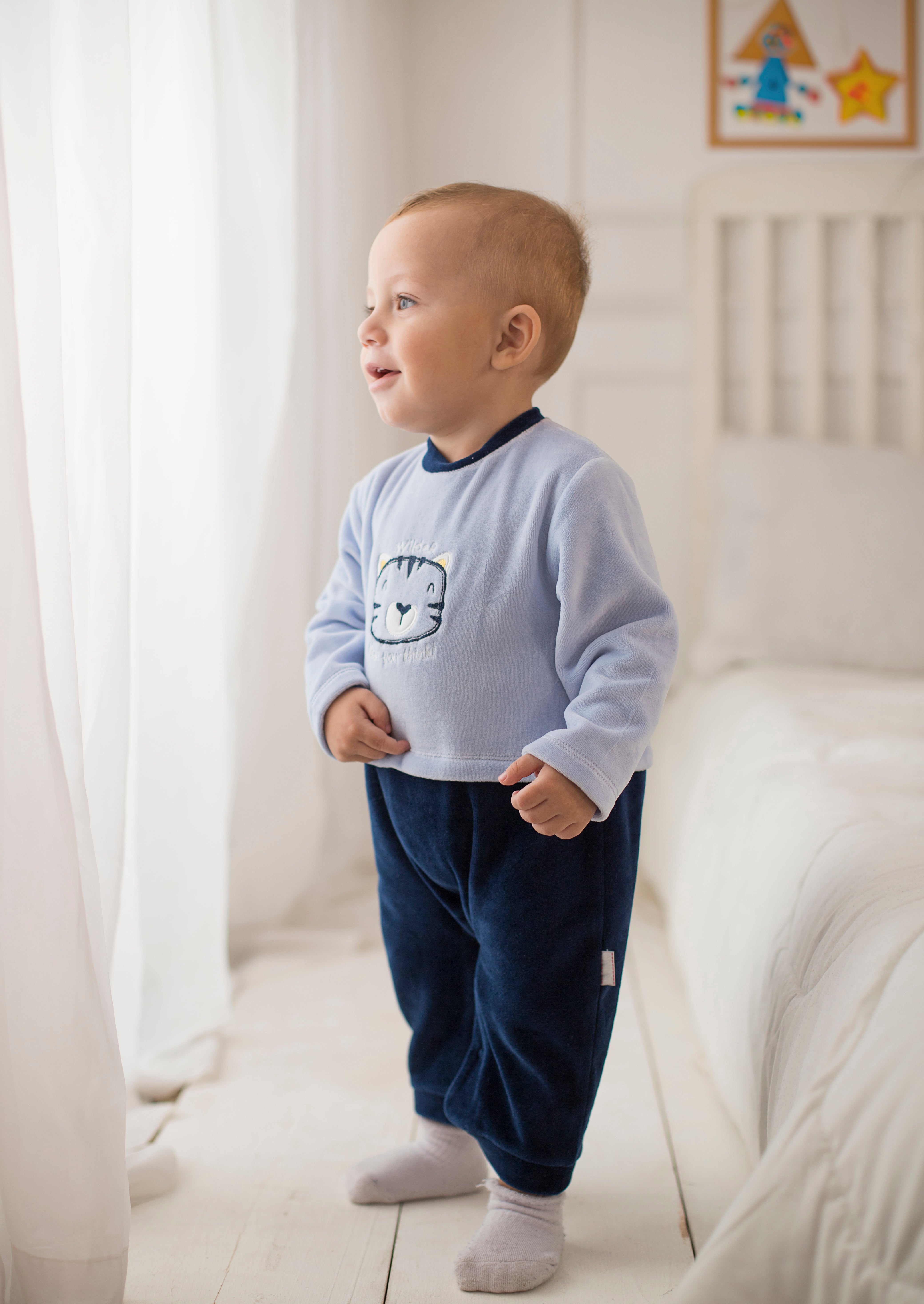 Baby Boys Footless Onesie – Baby Blue/Navy with a Lion Face Design
