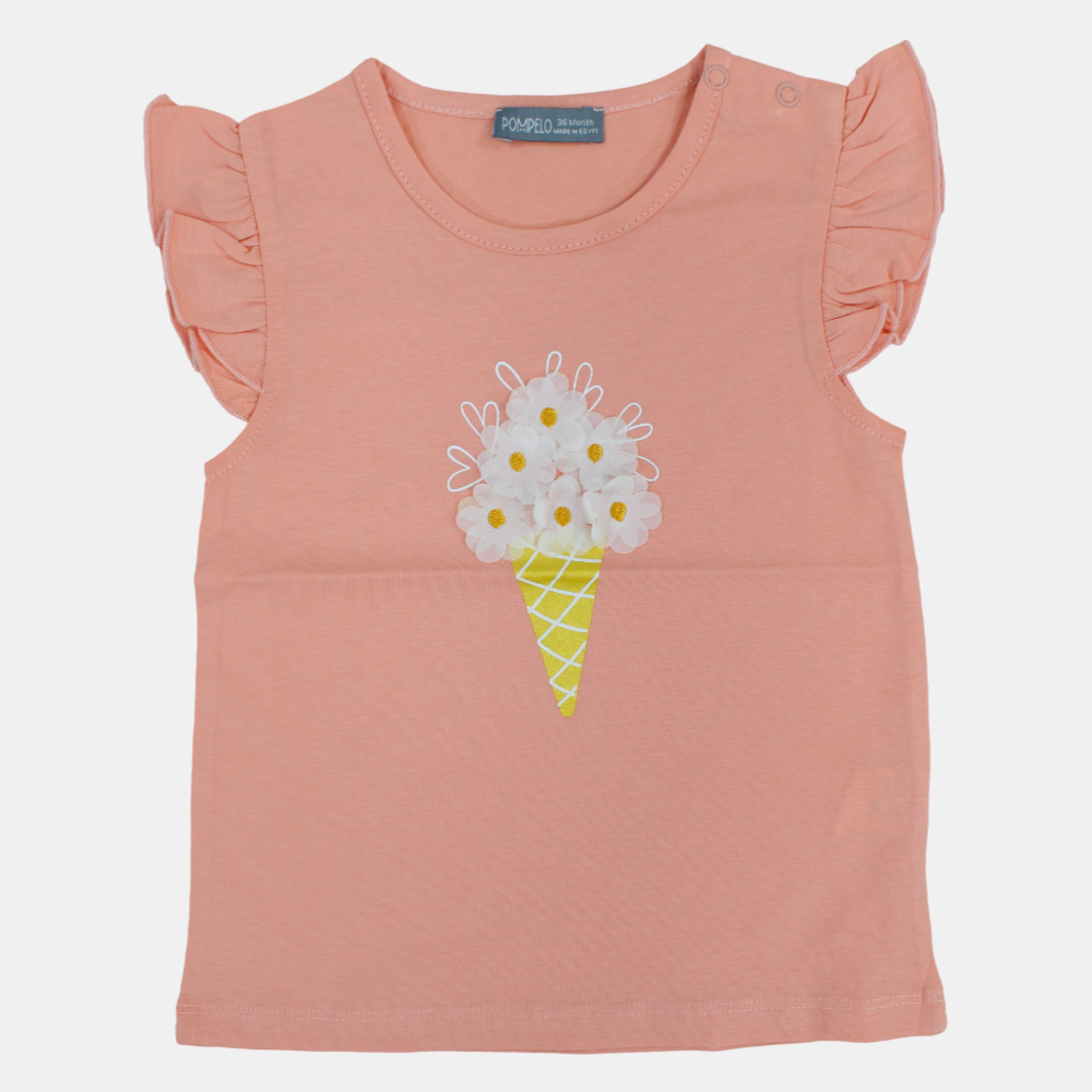 Baby Girls Cotton T-Shirt - Salmon with Ruffled Shoulders