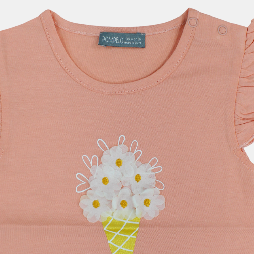 Baby Girls Cotton T-Shirt - Salmon with Ruffled Shoulders