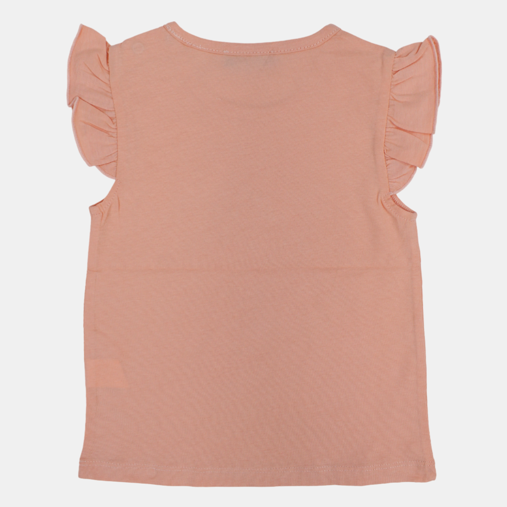 Baby Girls Cotton T-Shirt - Salmon with Ruffled Shoulders