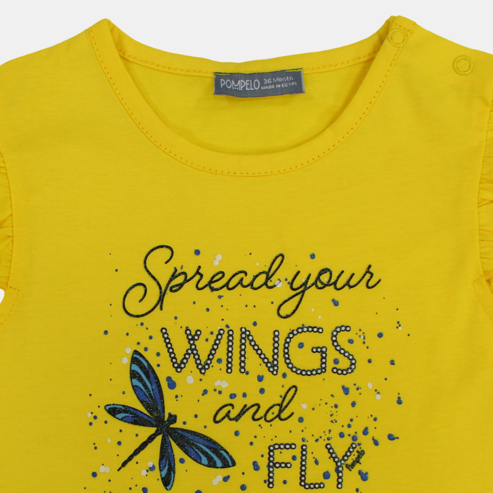 Baby Girls Cotton T-Shirt - Yellow with Ruffled Shoulders