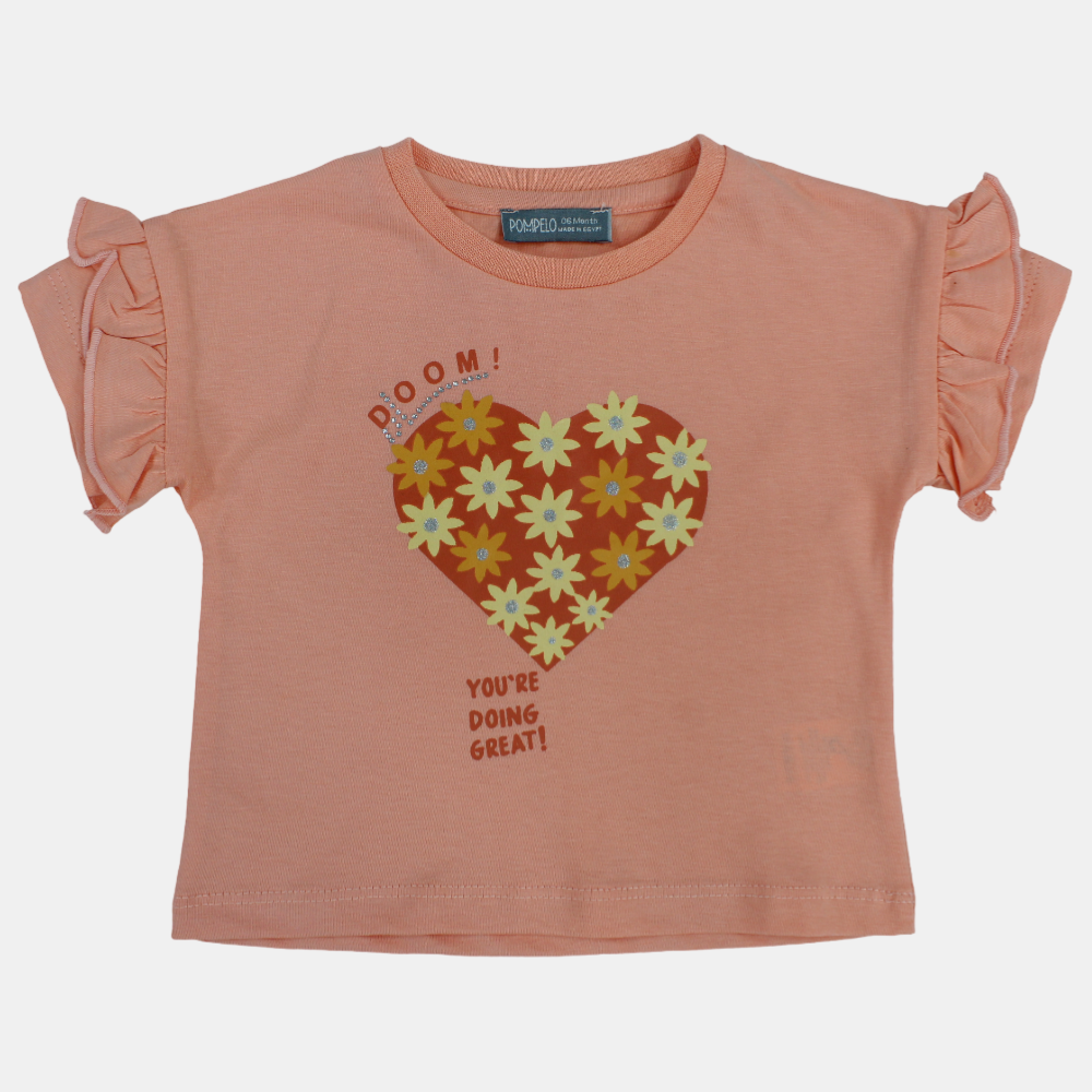 Baby Girls Cotton T-Shirt -Salmon with Ruffled Shoulders
