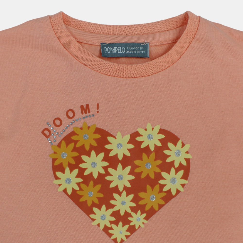 Baby Girls Cotton T-Shirt -Salmon with Ruffled Shoulders