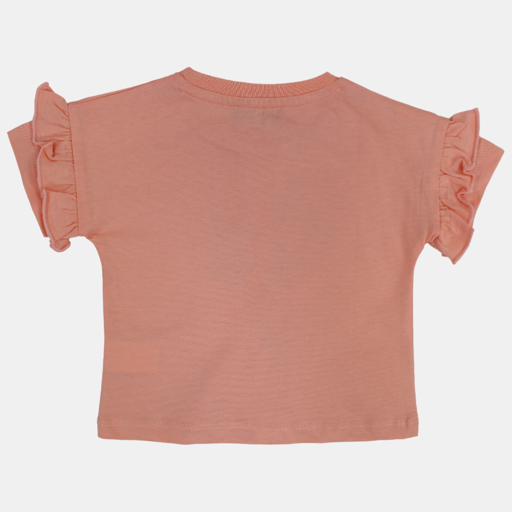 Baby Girls Cotton T-Shirt -Salmon with Ruffled Shoulders