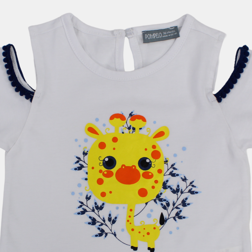 Baby Girls Cotton T-Shirt - White with Cute Giraffe Design