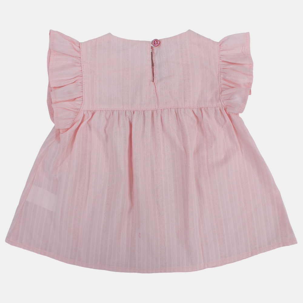Baby Girls Cotton Blouse – Pink with Ruffled Shoulders