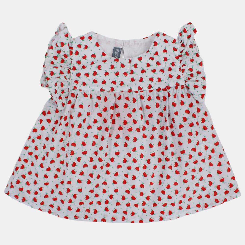 Baby Girls Cotton Blouse – White with Red Tulip Print