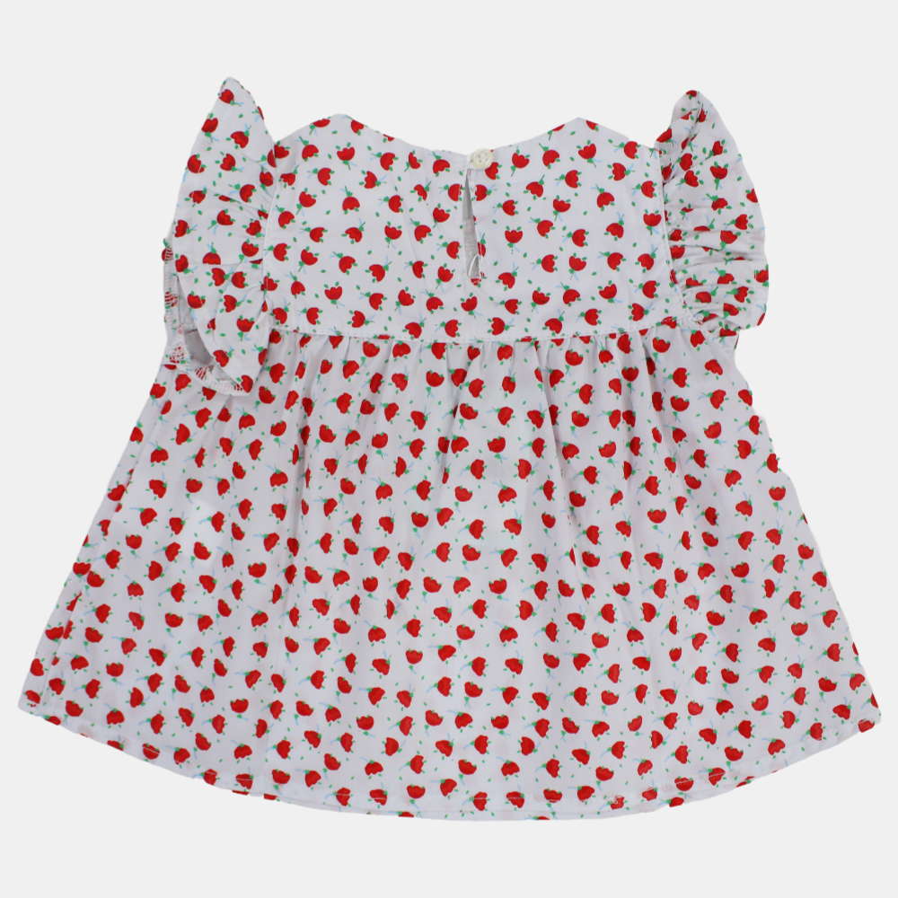 Baby Girls Cotton Blouse – White with Red Tulip Print