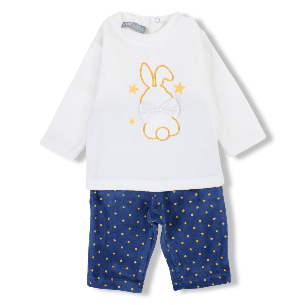 Baby Girls Cotton 2-Piece Outfit Set – Off-white with Rabbit Design