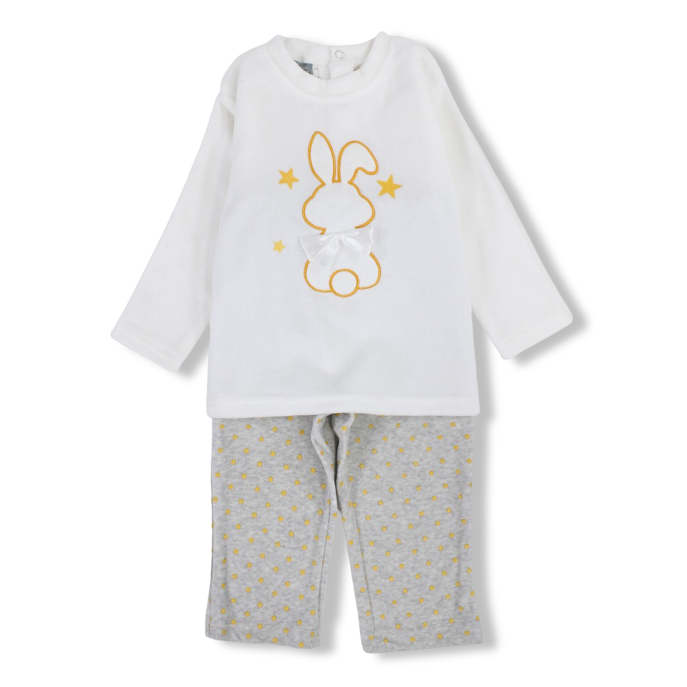 Baby Girls Cotton 2-Piece Outfit Set – Off-white with Rabbit Design