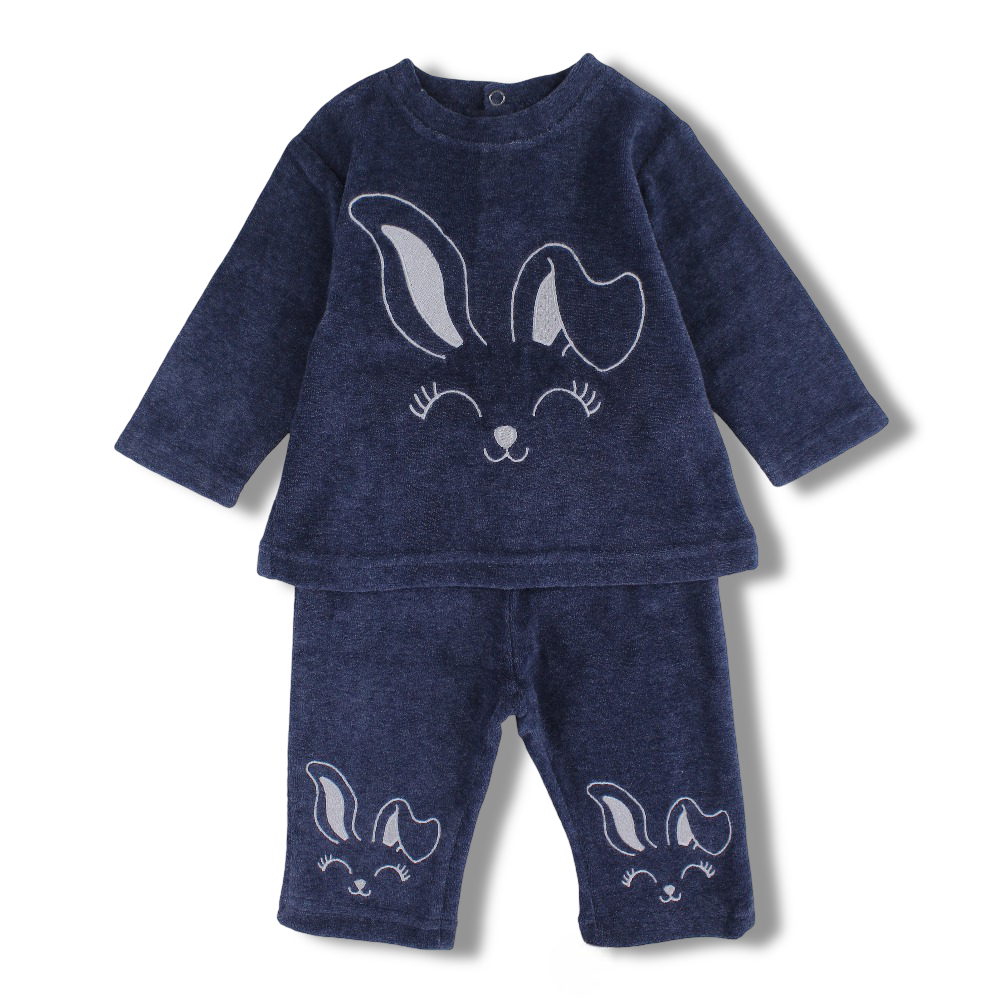 Baby Girls Plush 2-Piece Outfit Set – Navy with Bunny Eats Print