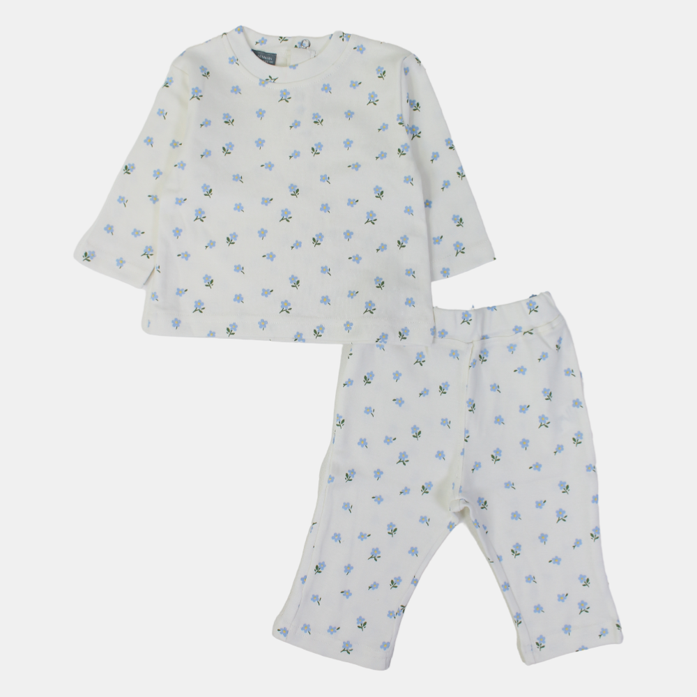 Baby Girls Cotton Outfit Set – Printed Cream Delight