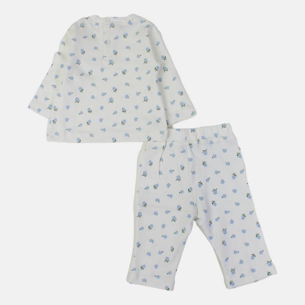 Baby Girls Cotton Outfit Set – Printed Cream Delight