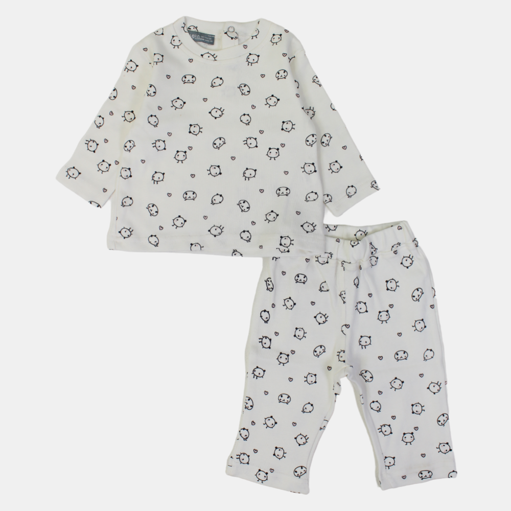 Baby Girls Cotton Outfit Set – Printed Cream Delight