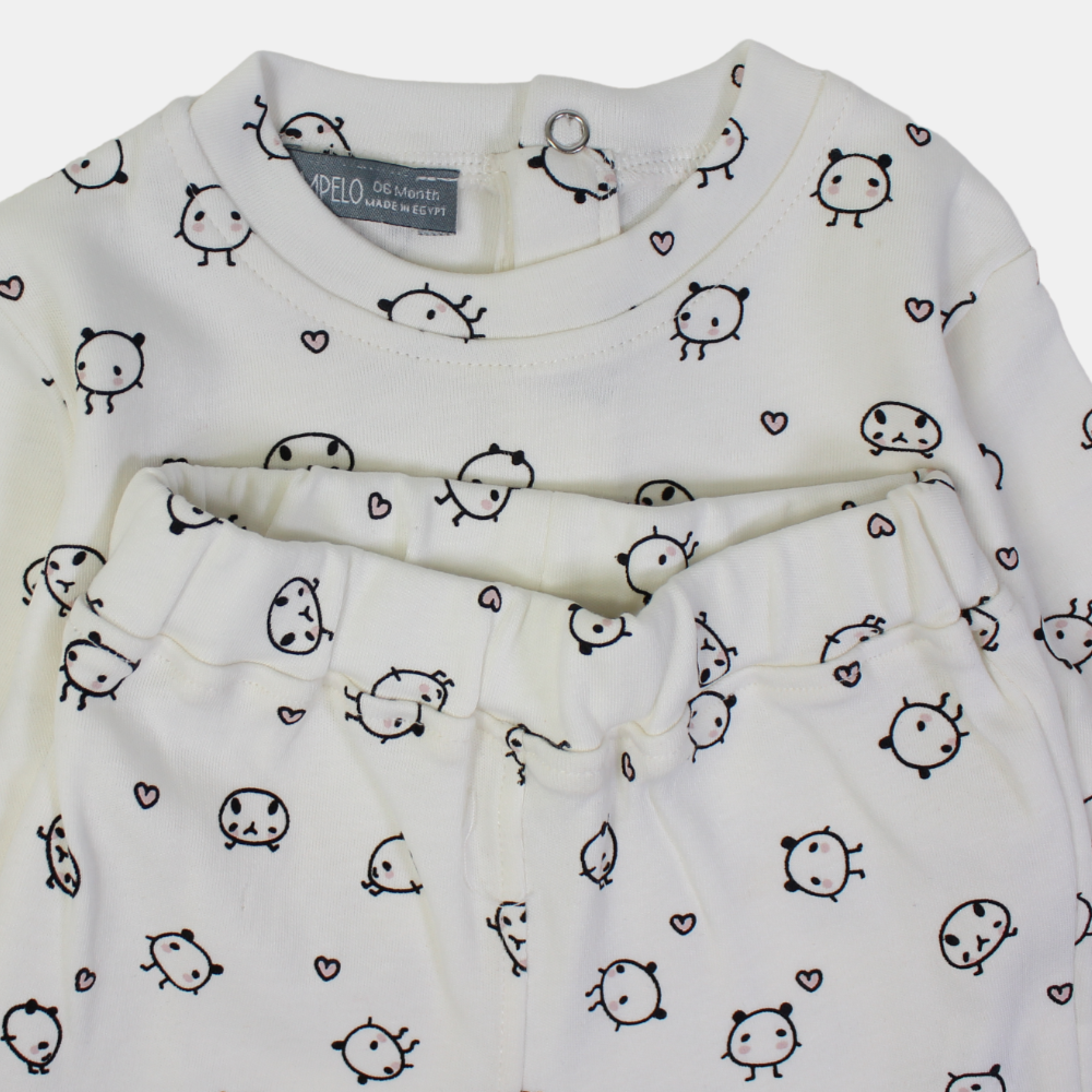 Baby Girls Cotton Outfit Set – Printed Cream Delight