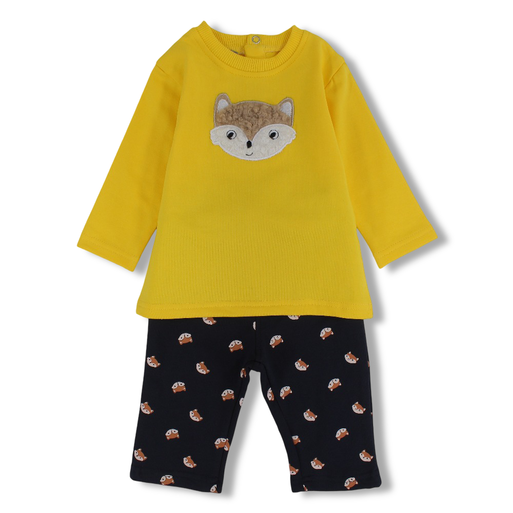 Baby Boys Cotton 2-Piece Outfit Set – Yellow/Navy with Fox Design