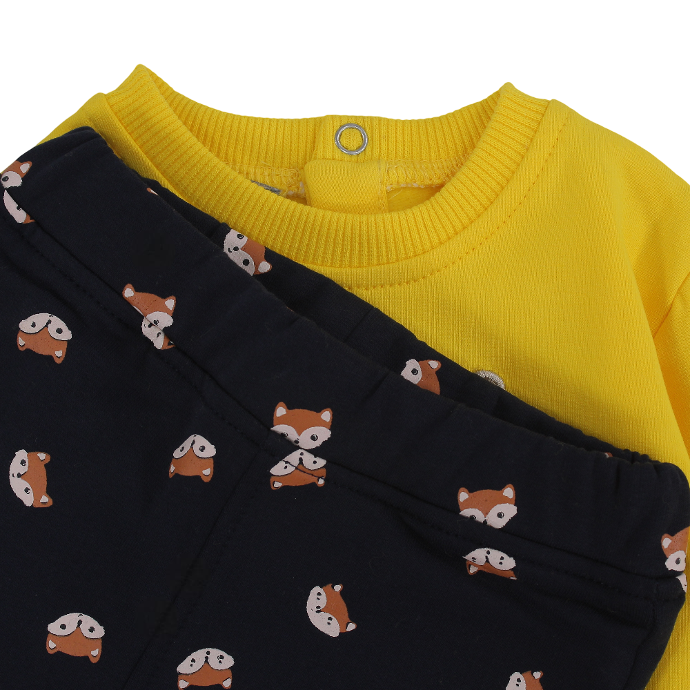 Baby Boys Cotton 2-Piece Outfit Set – Yellow/Navy with Fox Design