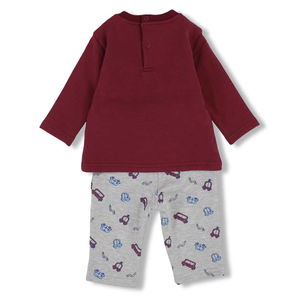 Baby Boys Cotton 2-Piece Outfit Set – Maroon/Grey with Car Design